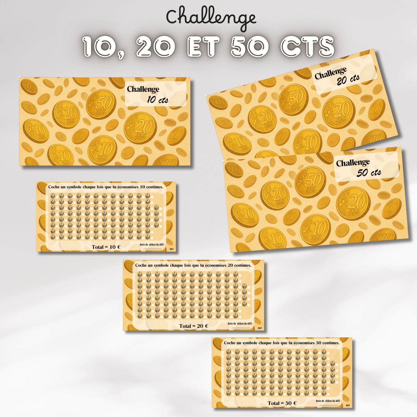 Challenge 10, 20 et 50 cts - Trackers et pages titre ou enveloppes a scratch