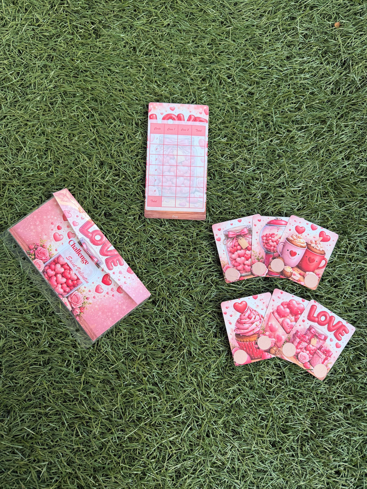 Lot challenge mystère Saint Valentin avec 6 cartes a gratter + enveloppe et tracker
