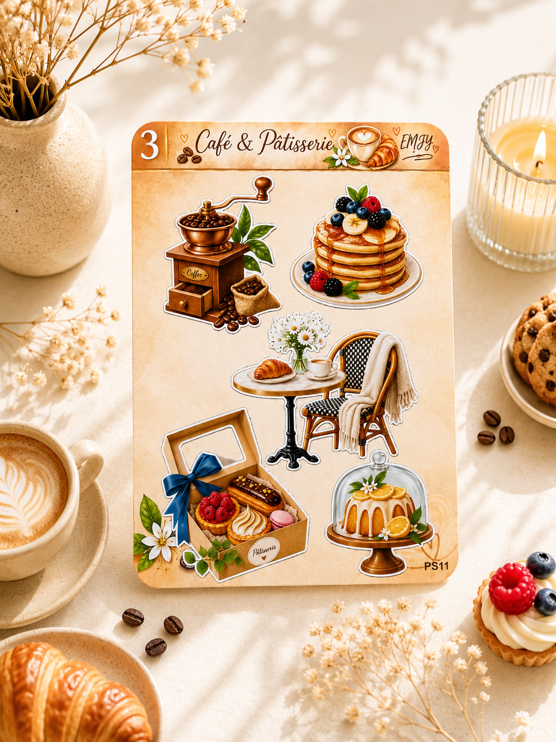 Planches de stickers "Café & Pâtisserie" – Vinyle pour planner et papeterie