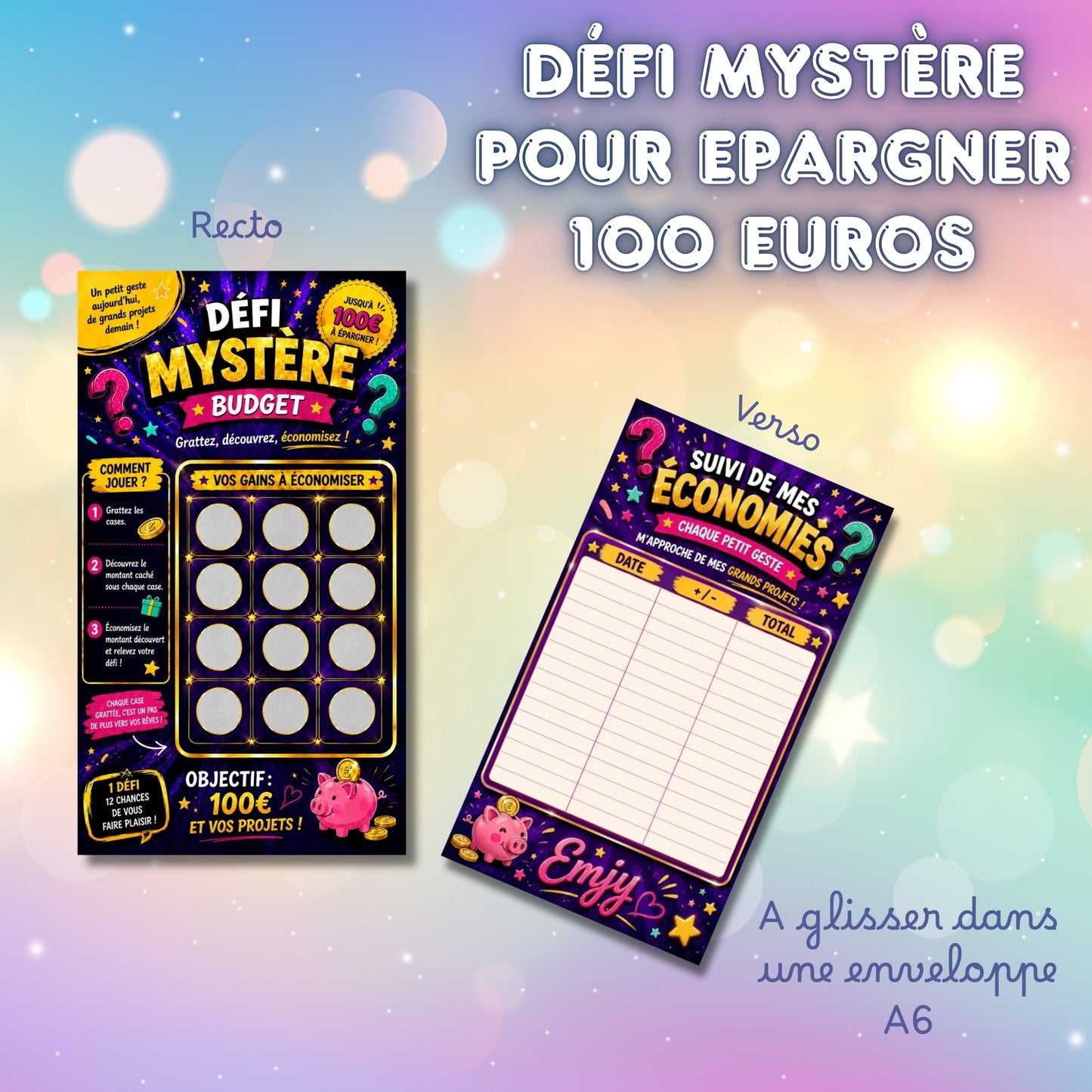 Défi Mystère budget à gratter pour épargner 100 euros - format A6 à glisser dans enveloppe