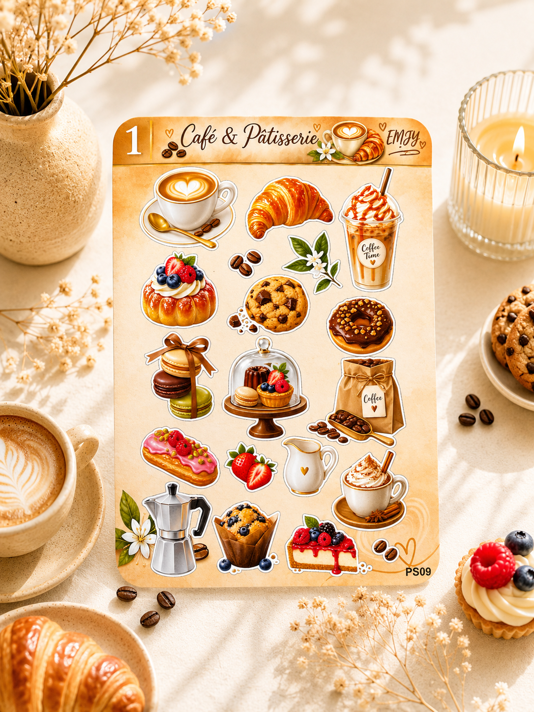 Planches de stickers "Café & Pâtisserie" – Vinyle pour planner et papeterie