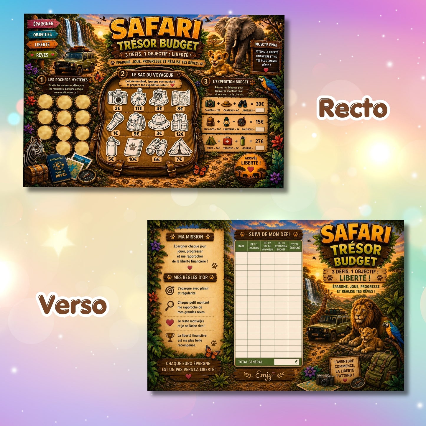 Défi plateau Safari Trésor Budget, plusieurs minis jeux pour épargner en s'amusant et pastilles à gratter