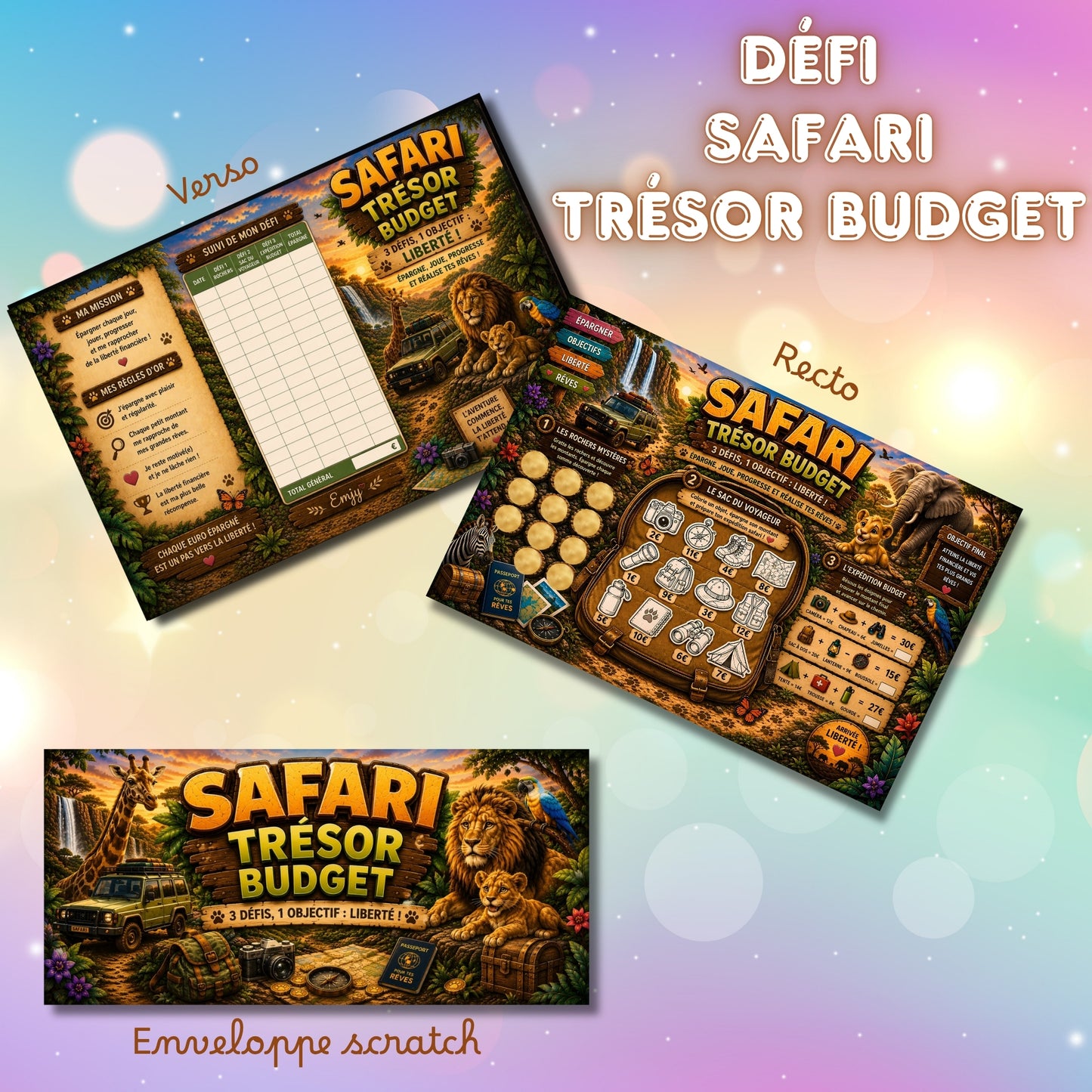 Défi plateau Safari Trésor Budget, plusieurs minis jeux pour épargner en s'amusant et pastilles à gratter