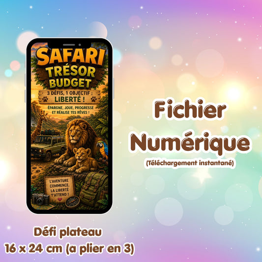 Défi plateau Safari Trésor Budget, plusieurs minis jeux pour épargner en s'amusant et pastilles à gratter