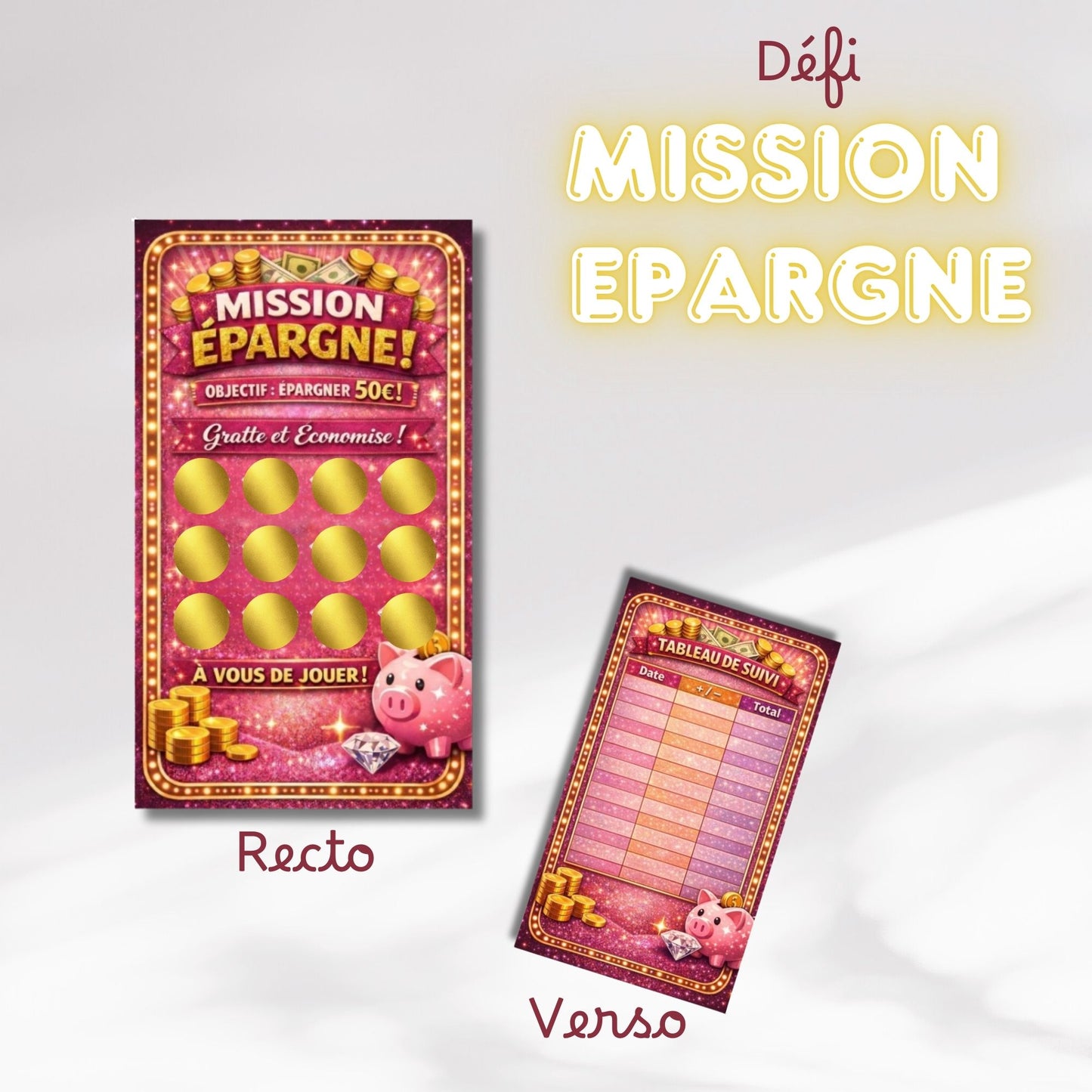 Défi mission Epargne à gratter pour épargner 50 euros - format A6 à glisser dans enveloppe
