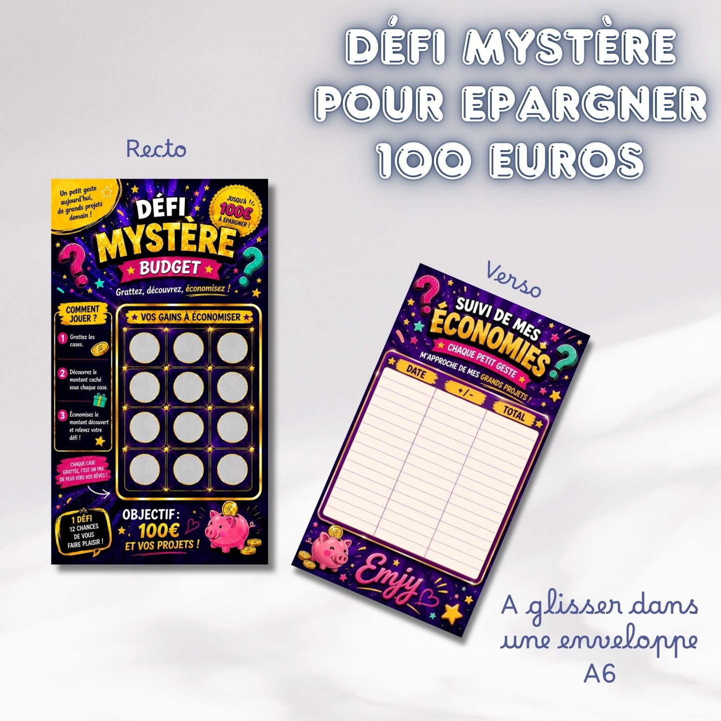Défi Mystère budget à gratter pour épargner 100 euros - format A6 à glisser dans enveloppe