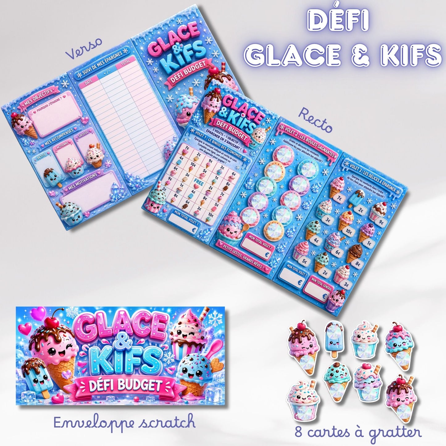 Défi plateau Glace & kifs - plateau de jeu 3 volets avec 8 cartes avec pastilles a gratter et enveloppe scratch