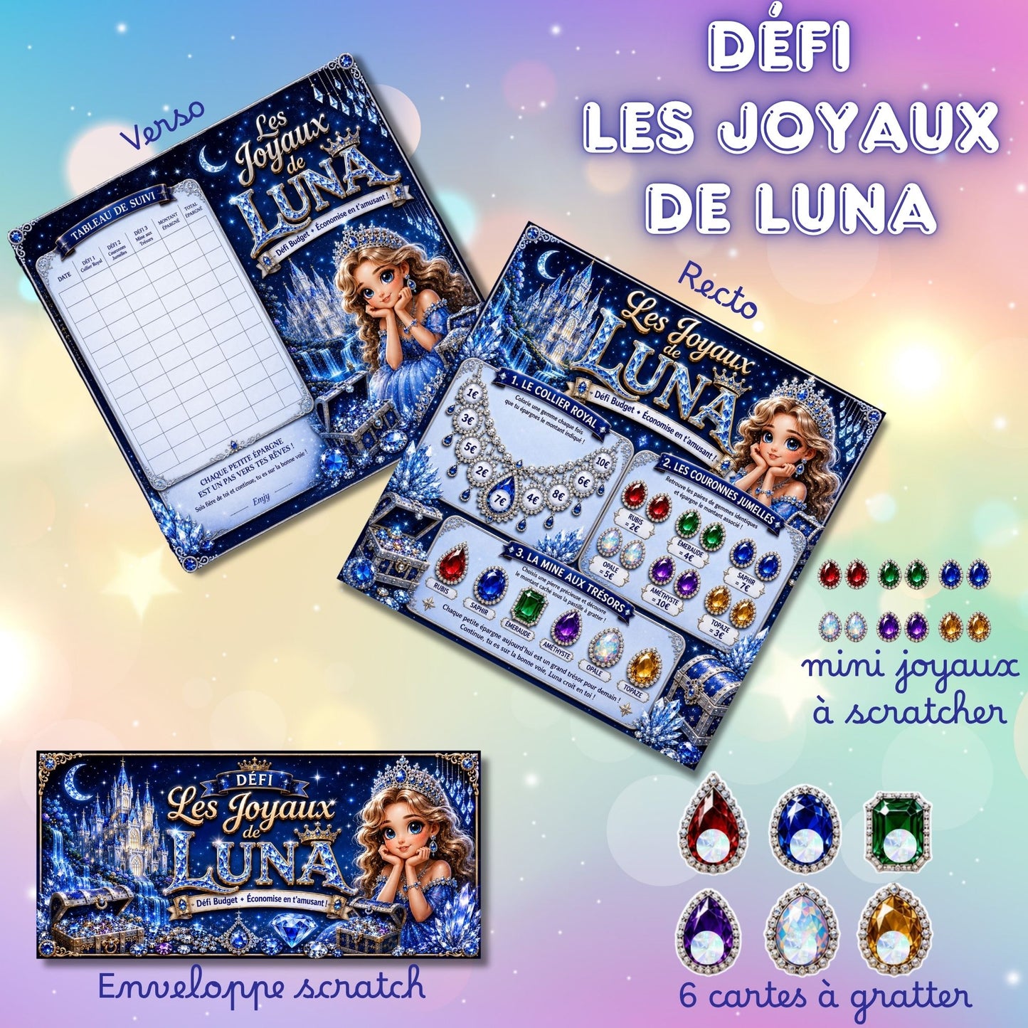 Les joyaux de Luna - plateau de jeu avec 6 cartes avec pastilles a gratter et mini joyaux a scratcher