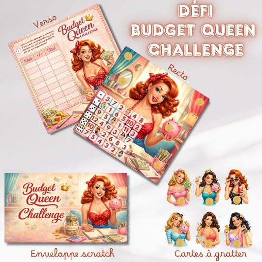 Le budget queen challenge - plateau de jeu avec 6 cartes avec pastilles a gratter