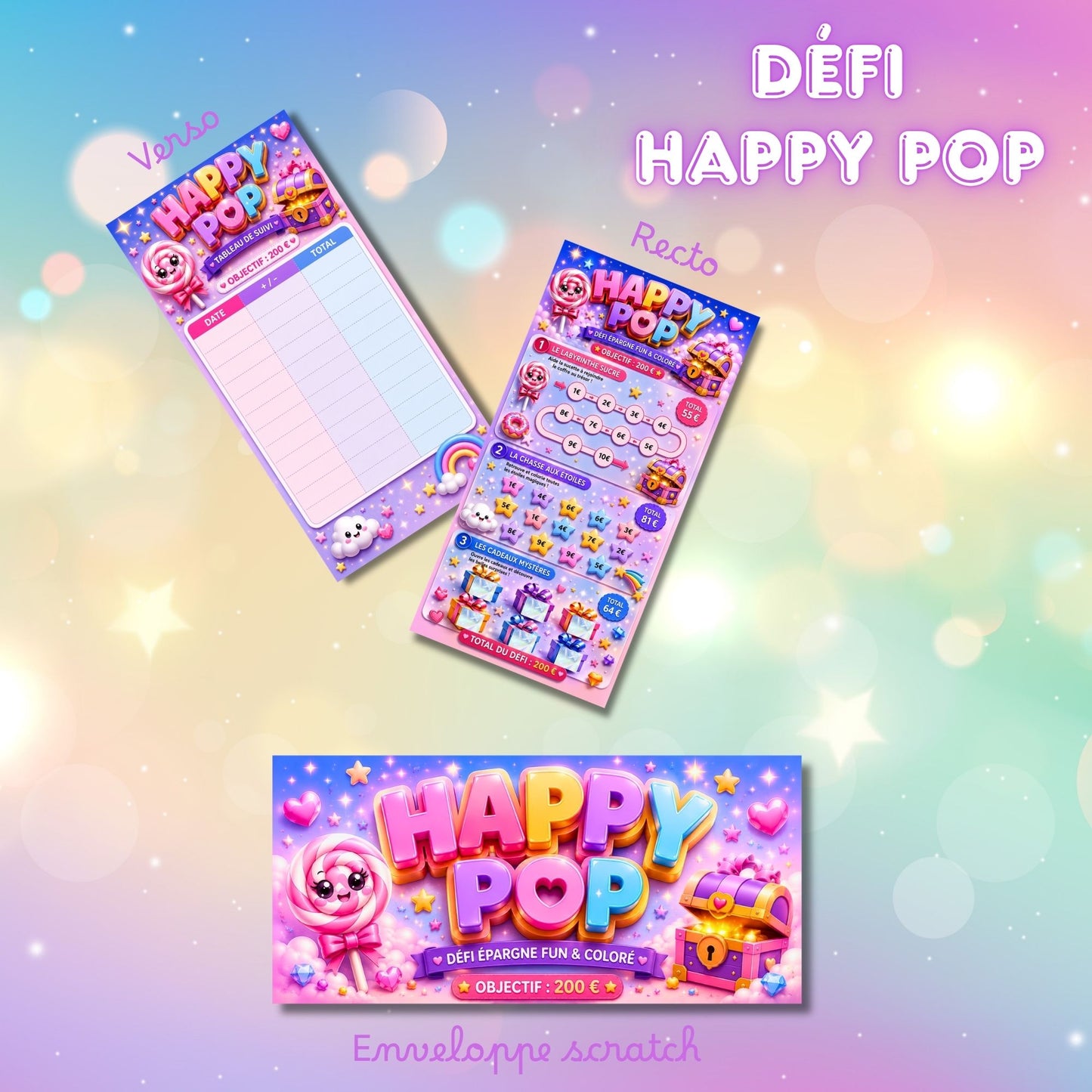Défi Happy pop - Défi pour épargner 200 euros en s'amusant mini jeux et pastilles a gratter