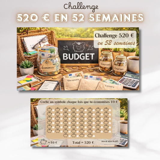Challenge 520 euros en 52 semaines - Tracker et page titre ou enveloppe a scratch