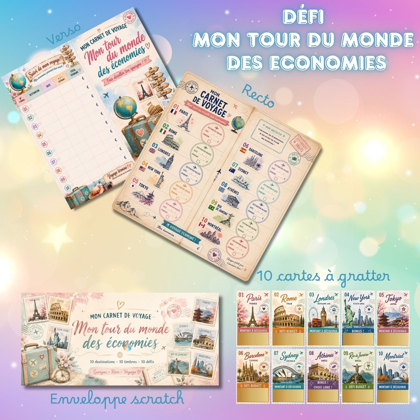 Mon tour du monde des économies - plateau de jeu avec 10 cartes avec pastilles a gratter