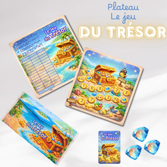 Le jeu du trésor - plateau de jeu avec 4 cartes a gratter, capsules et enveloppe scratch