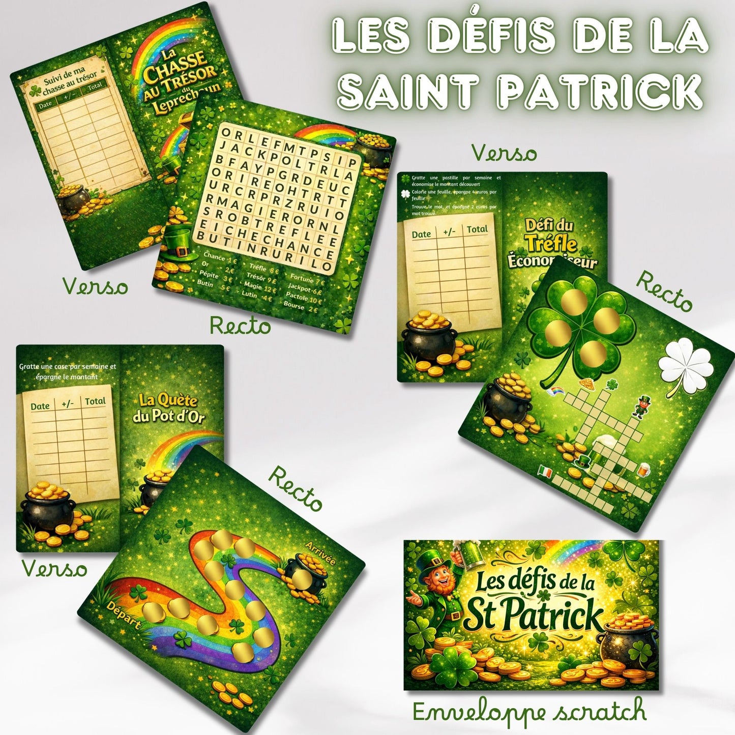 Les défis de la St Patrick - 3 plateaux de jeu avec mini jeux et enveloppes scratch A6 ou A5
