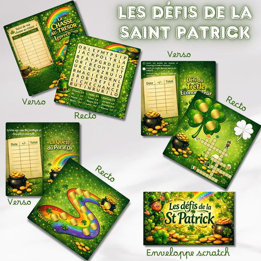 Les défis de la St Patrick - 3 plateaux de jeu avec mini jeux et enveloppes scratch A6 ou A5
