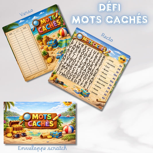 Défi plateau mots cachés - plateau de jeu avec mots a trouver pour épargner en s'amusant
