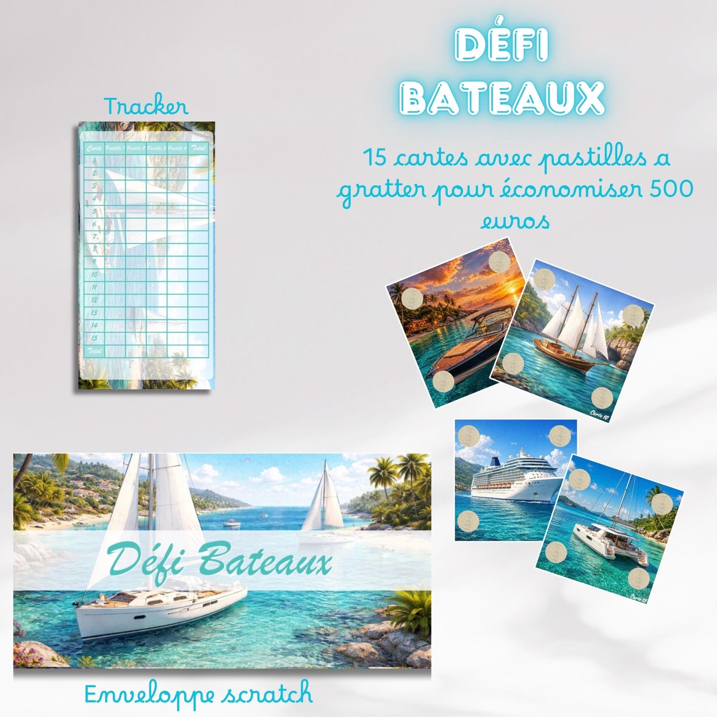 Lot Défi bateaux 15 cartes a gratter + enveloppe et tracker