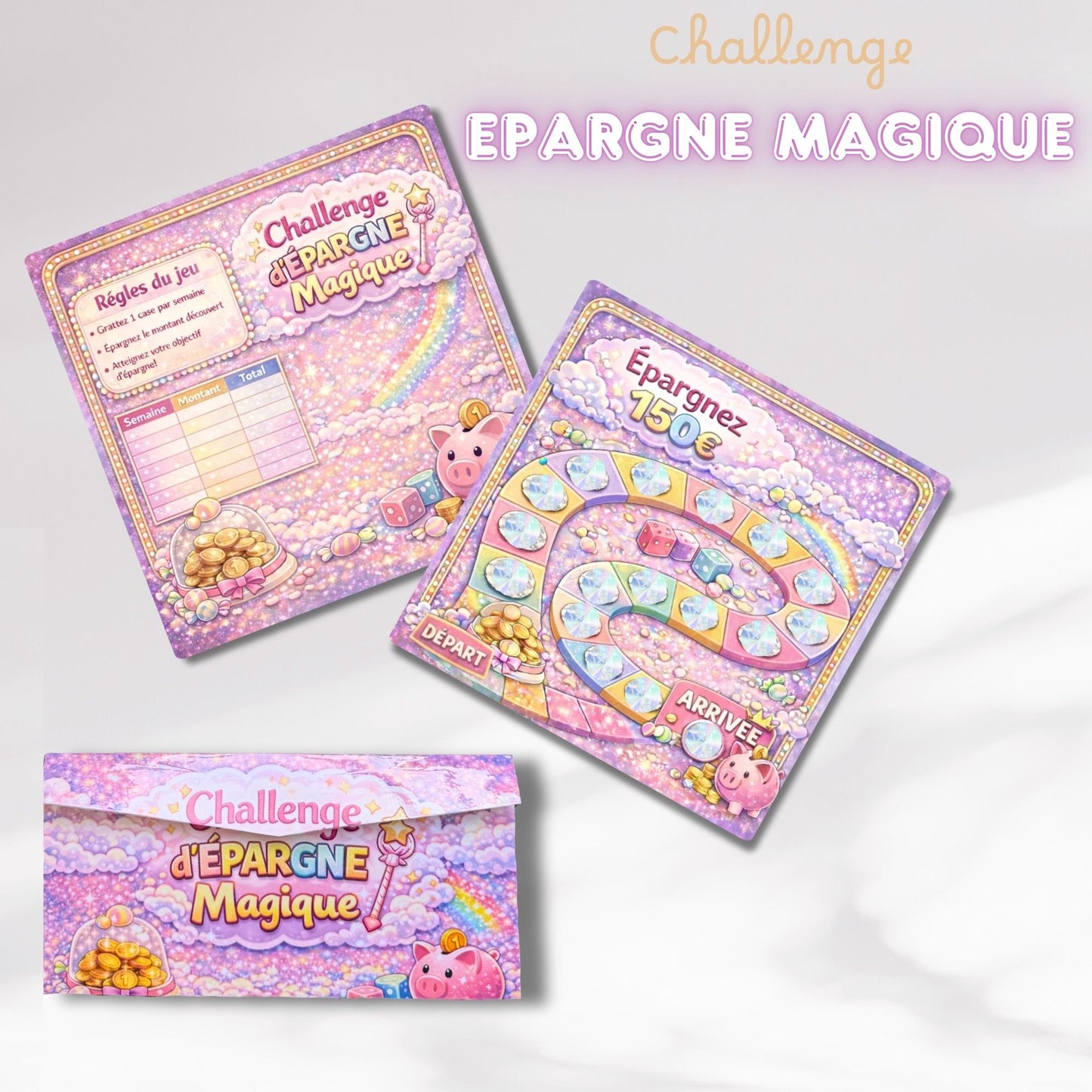 Le Challenge d'épargne magique - plateau de jeu avec pastilles a gratter pour économiser 150 euros