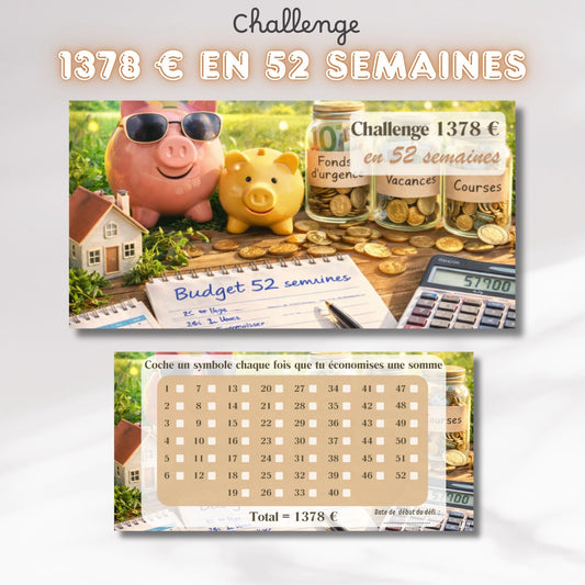 Challenge 1378 euros en 52 semaines - Tracker et page titre ou enveloppe a scratch