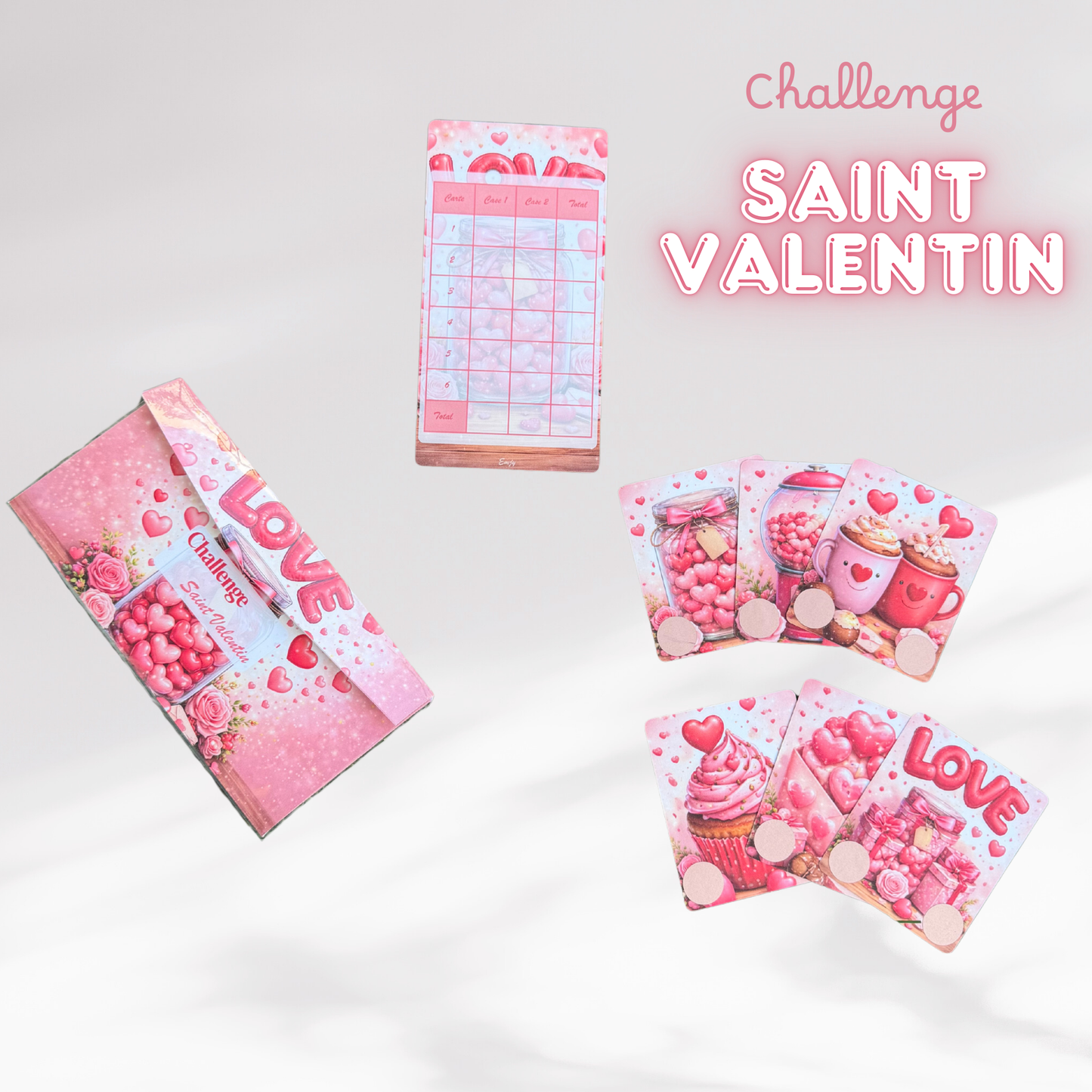 Lot challenge mystère Saint Valentin avec 6 cartes a gratter + enveloppe et tracker